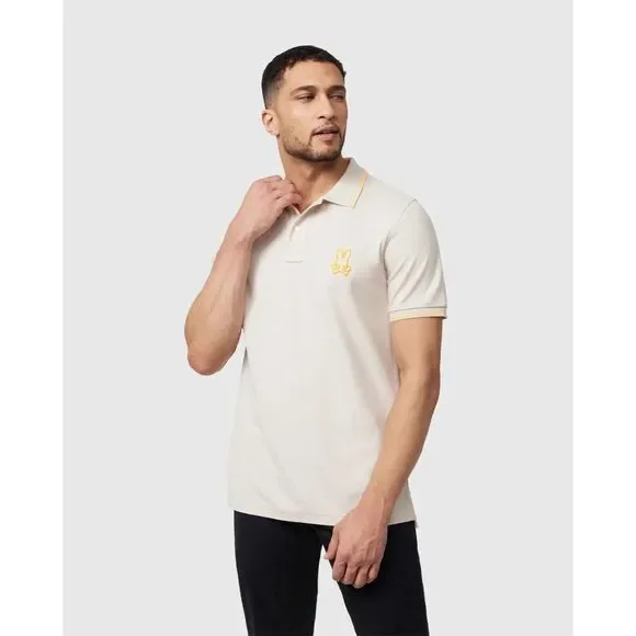 Psycho Bunny NWT Lenox Pique Short Sleeve Polo Shirt - Beige Tipped - 7/XL - Picture 2 of 6